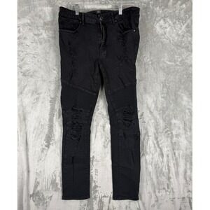 Forever 21 Men Black Moto Jeans Distressed Ripped Biker Style Slim Fit 34x32